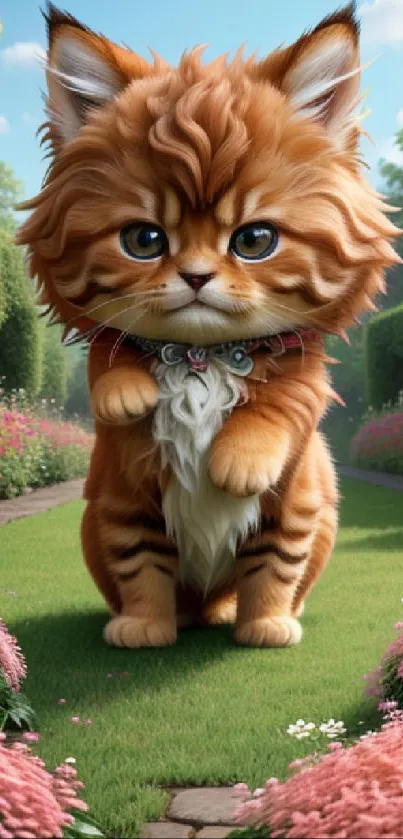 Adorable fluffy kitten standing on a garden path with flowers and greenery.