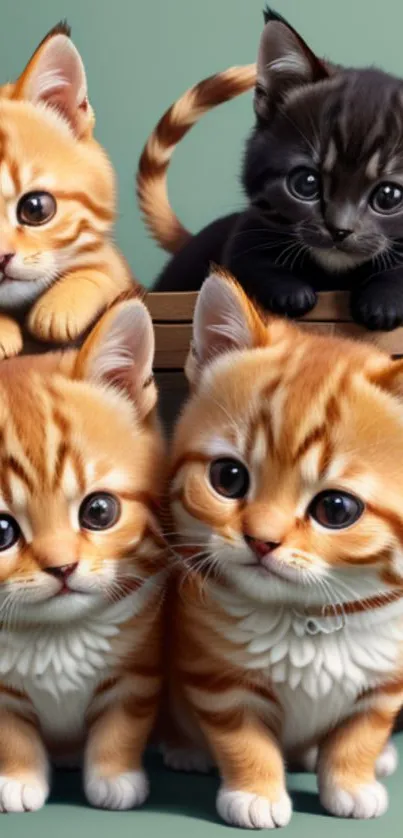 Adorable group of fluffy kittens in a basket with big eyes and orange fur.