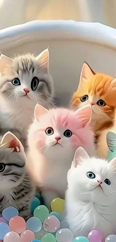 Adorable kittens in a basket with colorful fur and playful expressions.