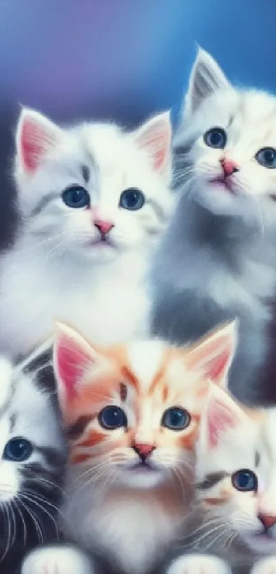 Five cute kittens with colorful fur posing in a charming group photo.