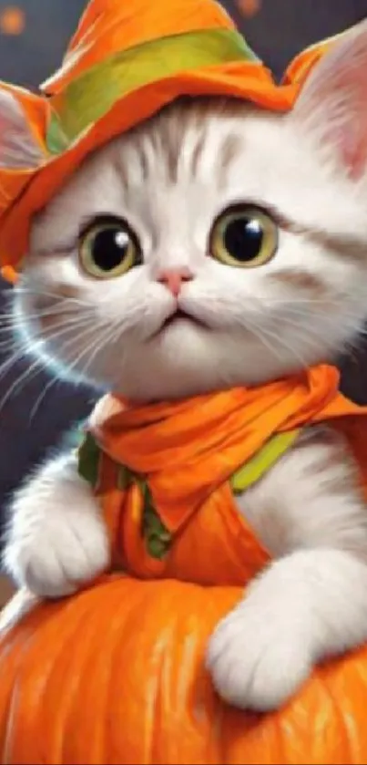 Cute kitten in a pumpkin costume, Halloween-themed mobile wallpaper.