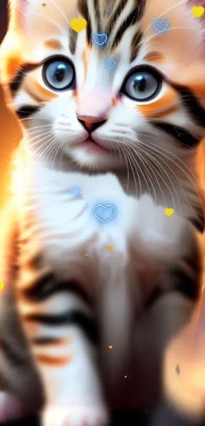 Cute kitten with glowing hearts wallpaper.