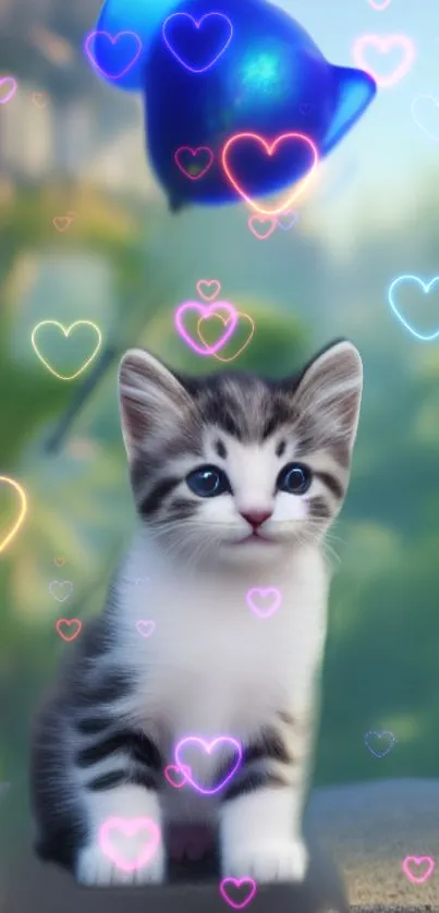 Adorable kitten with colorful glowing hearts in a vibrant scene.