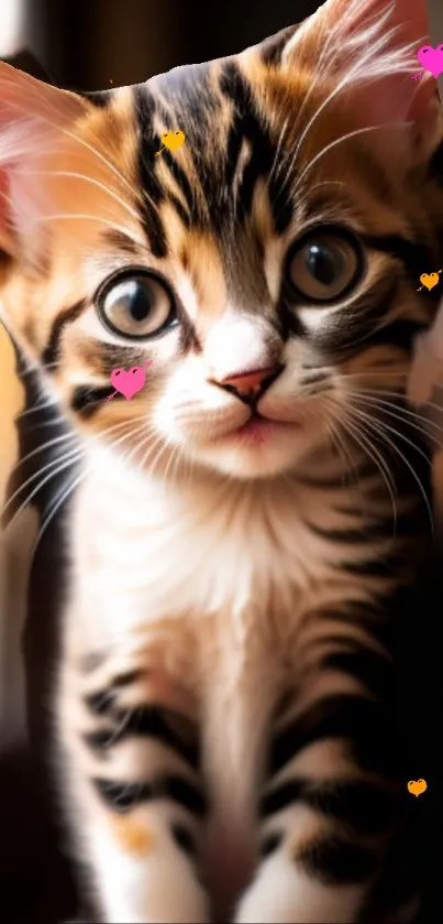 An adorable kitten with hearts on a warm-toned wallpaper.