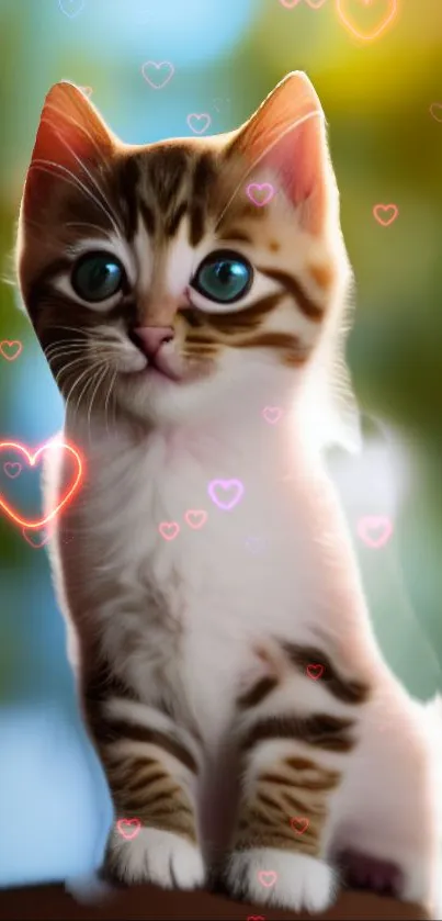 Cute kitten surrounded by glowing heart shapes on a colorful background.