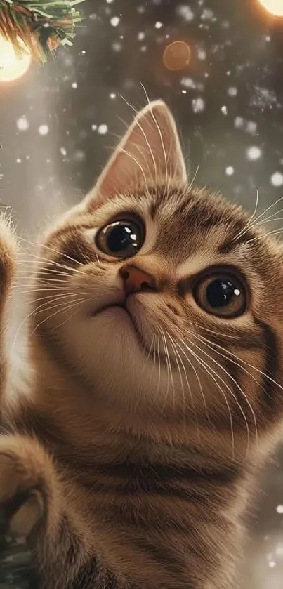 Cute kitten playing with Christmas tree decorations.