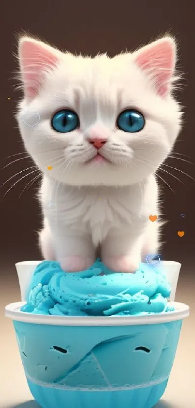 Fluffy white kitten with blue eyes on ice cream cup