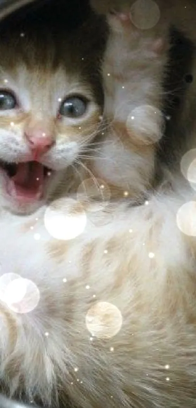 Adorable orange kitten playfully sits inside a pot, looking up with big eyes.