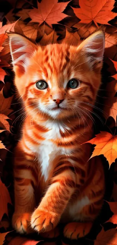 Adorable orange kitten surrounded by autumn leaves in a cozy fall scene.