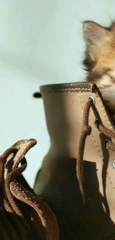 Playful kitten peeking out of a brown boot.