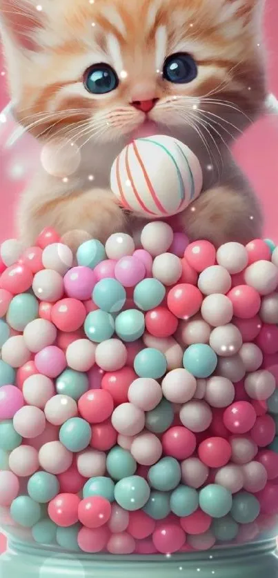 Adorable orange kitten in a candy jar with colorful pastel balls.