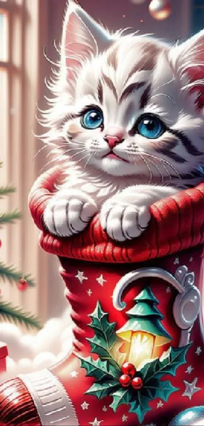 Cute kitten in Christmas stocking with festive decor.