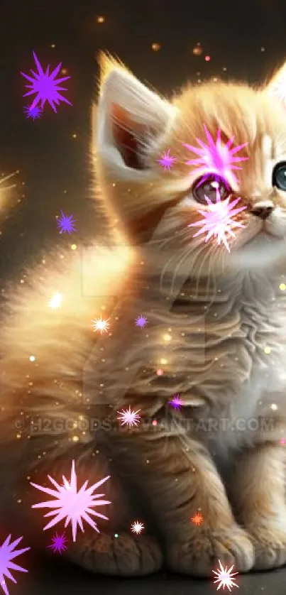 A fluffy kitten sits in a cosmic glow with sparkling stars.