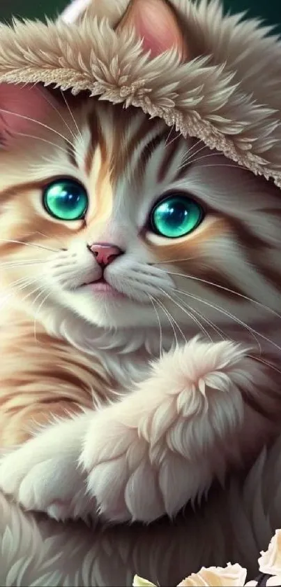 Adorable fluffy kitten with blue eyes wearing a cozy fur hat.