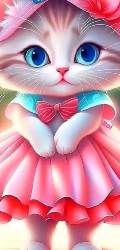 Adorable cartoon kitten in a pink dress with blue eyes, perfect for mobile wallpaper.