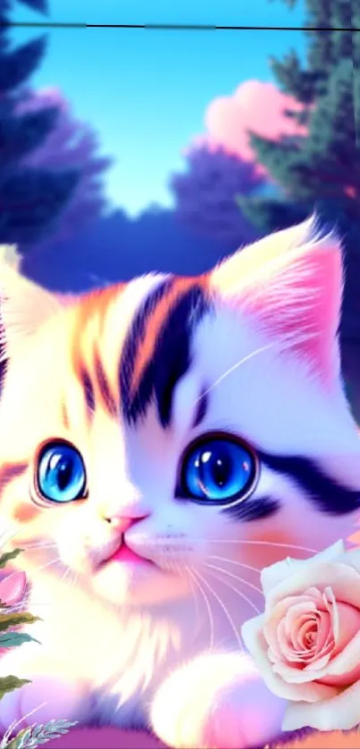 Cute blue-eyed kitten in enchanted forest wallpaper.