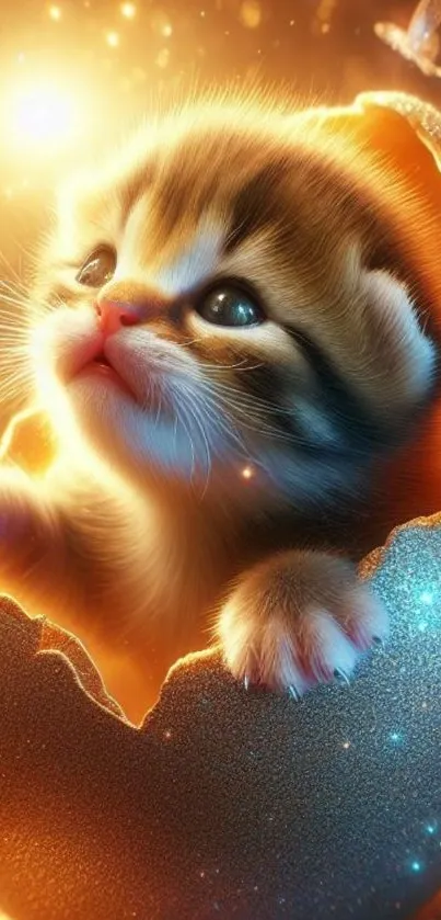 Adorable kitten in glowing fantasy egg.