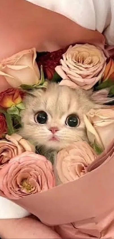 Cute kitten surrounded by pink roses in a floral bouquet.