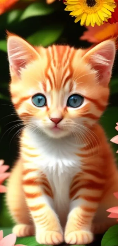 Adorable orange kitten sitting among colorful flowers.