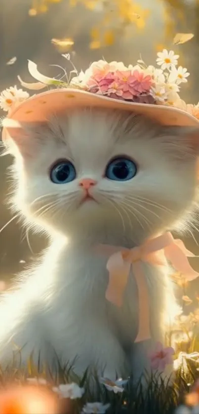 Adorable kitten with floral hat in garden.