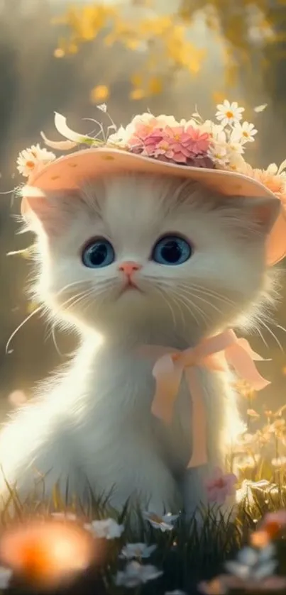Adorable kitten wearing a floral hat in nature.