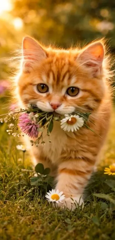 Adorable ginger kitten with flowers in mouth in sunlit meadow.