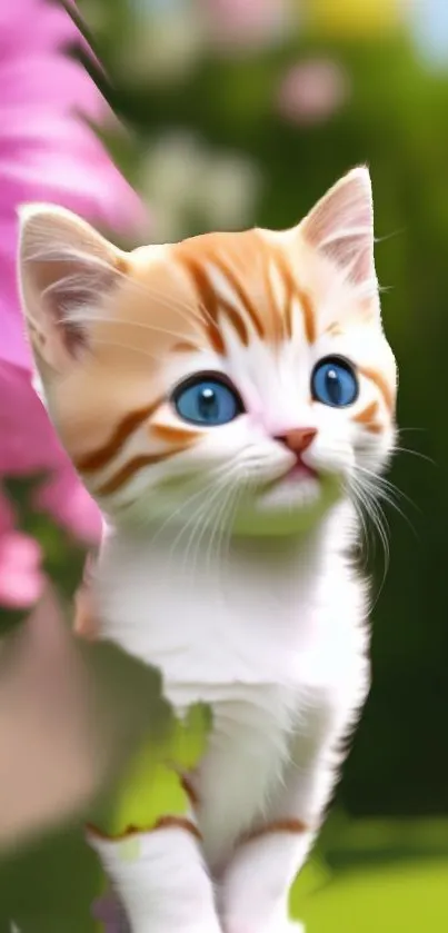 Adorable kitten with blue eyes surrounded by pink and green flowers.