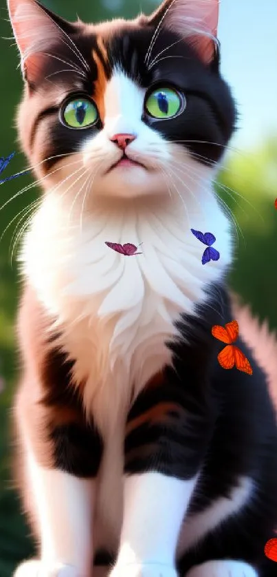 Fluffy kitten sitting in a colorful garden setting.