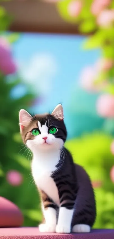 Adorable kitten with green eyes sitting in a colorful garden.