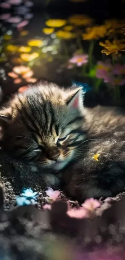 Sleeping kitten in flower garden wallpaper.