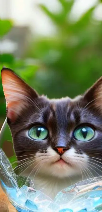 Adorable kitten in a glass bowl surrounded by greenery.