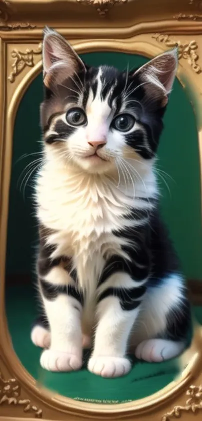 Adorable black and white kitten in golden frame with a green backdrop.