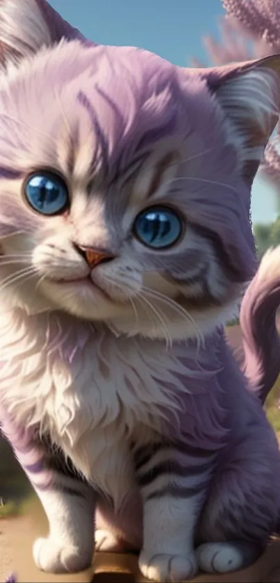 Fluffy lavender kitten in a sunlit field.