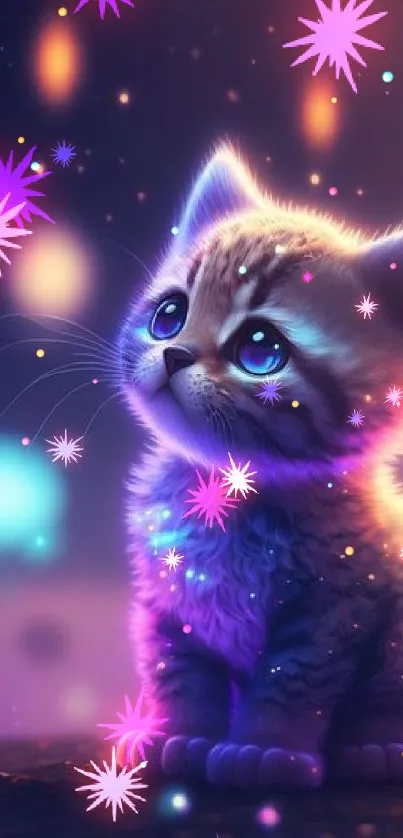 Cute kitten with a magical glowing background.