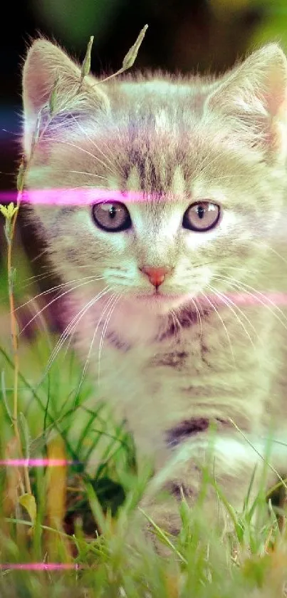 Adorable gray kitten walking through lush, green grass.