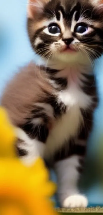 Adorable kitten with sunflowers in the background under a bright blue sky.