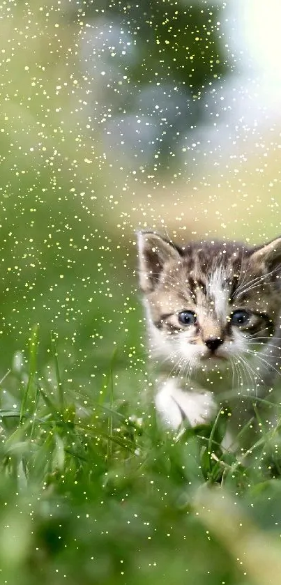 Adorable kitten wandering through a vibrant green field.