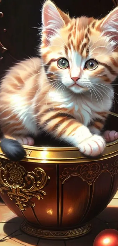 Adorable tabby kitten sitting in a decorative copper bowl.