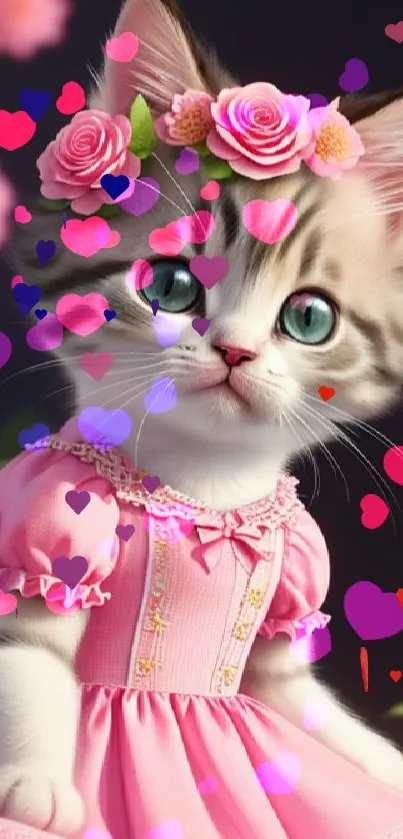 Kitten wearing pink dress with flower crown; mobile wallpaper for cat lovers.