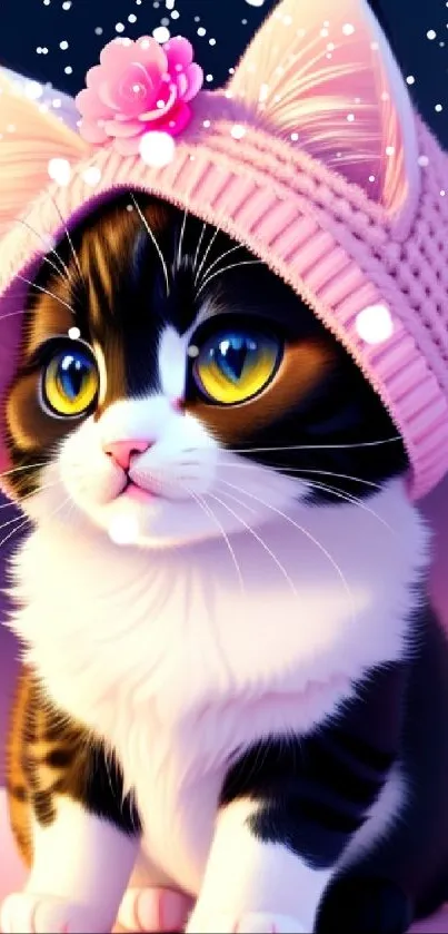 Adorable kitten with pink knitted hat and flower accessory.