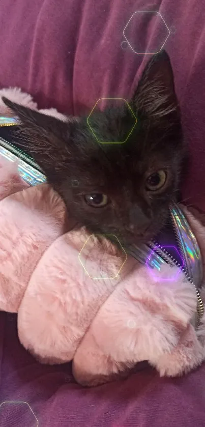 Adorable kitten snuggled in pink plush blanket.