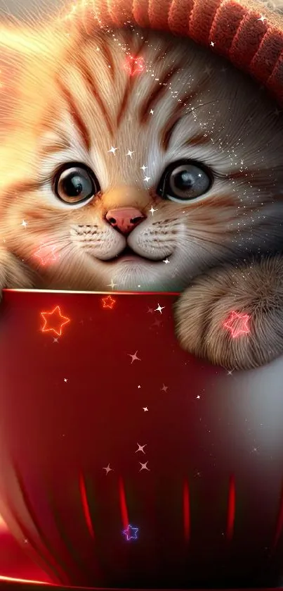 Adorable kitten peeking from a red cup, adding warmth to your phone screen.