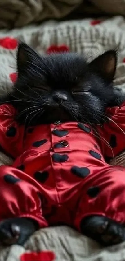 Adorable black kitten in red heart pajamas.