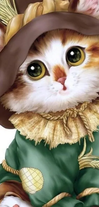 Adorable kitten in scarecrow costume wallpaper.