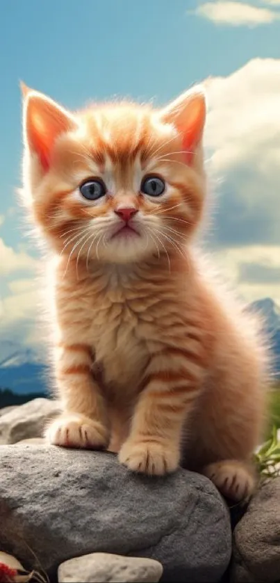 Ginger kitten sitting on rocks with mountain background.