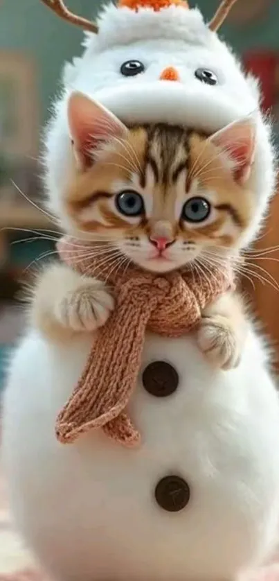 Cute kitten dressed as a snowman, wearing a scarf.