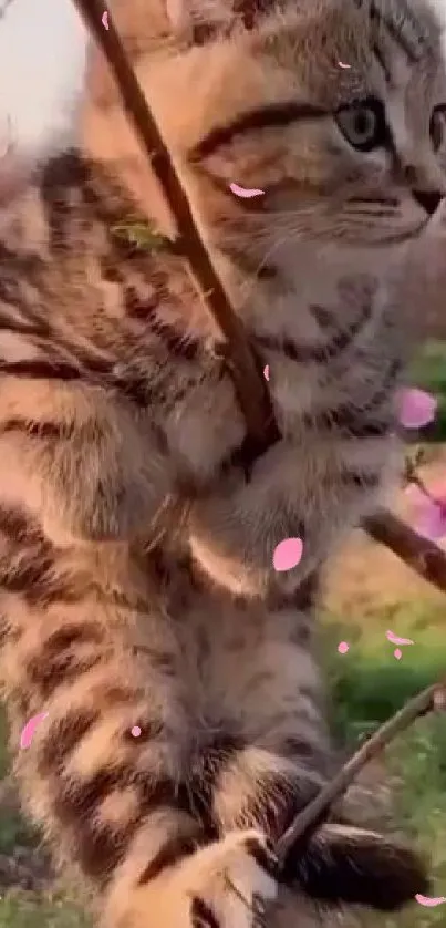 Cute kitten on a blossoming tree branch in spring.