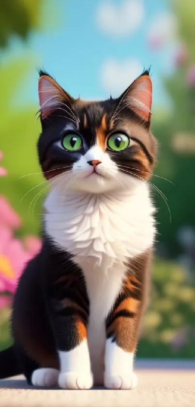 Adorable kitten with green eyes in a colorful spring garden.