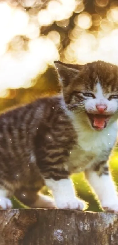 Playful kitten stands on stump in sunny, green outdoor setting.