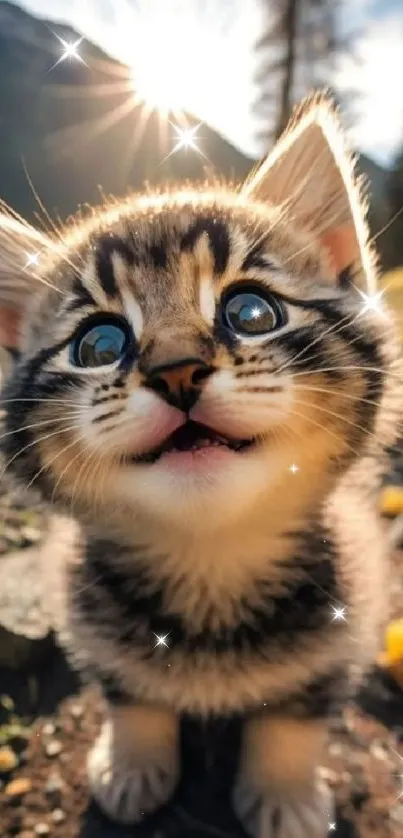 Adorable kitten in a sunlit mountain field, with a bright, engaging expression.